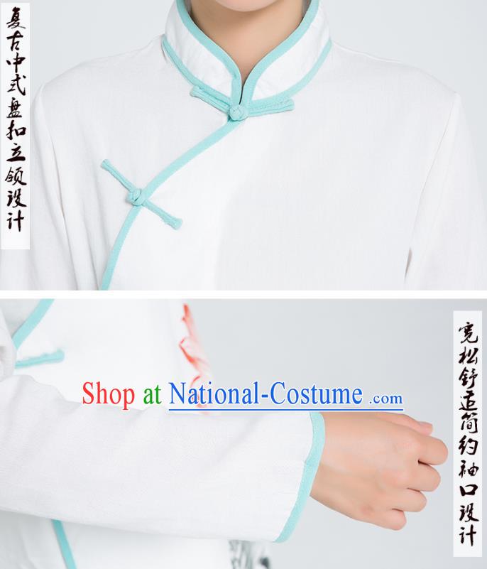 Professional Chinese Martial Arts Hand Painting Lotus White Flax Blouse and Pants Costumes Kung Fu Training Garment Tai Chi Outfits for Women