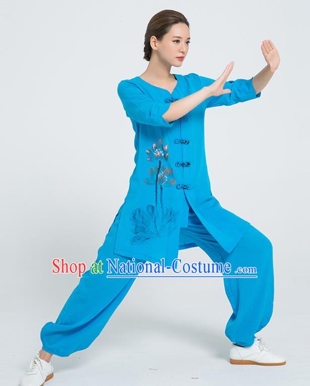 Professional Chinese Martial Arts Hand Painting Lotus Blue Flax Blouse and Pants Costumes Kung Fu Training Garment Tai Chi Outfits for Women