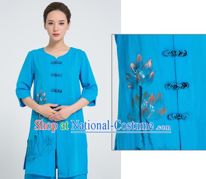 Professional Chinese Martial Arts Hand Painting Lotus Blue Flax Blouse and Pants Costumes Kung Fu Training Garment Tai Chi Outfits for Women