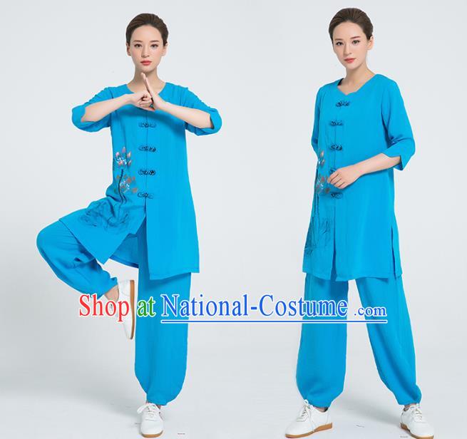 Professional Chinese Martial Arts Hand Painting Lotus Blue Flax Blouse and Pants Costumes Kung Fu Training Garment Tai Chi Outfits for Women