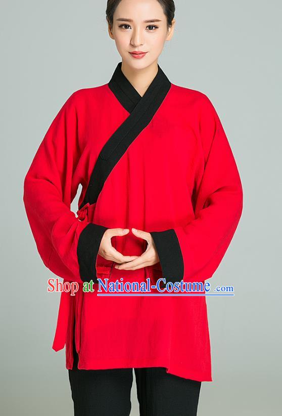 Professional Chinese Tai Chi Training Red Flax Blouse and Black Pants Costumes Kung Fu Garment Martial Arts Outfits for Women