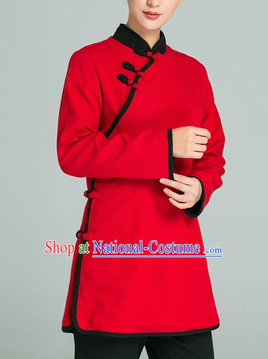 Professional Chinese Tang Suit Red Blouse and Black Pants Costumes Kung Fu Garment Tai Chi Training Outfits for Women