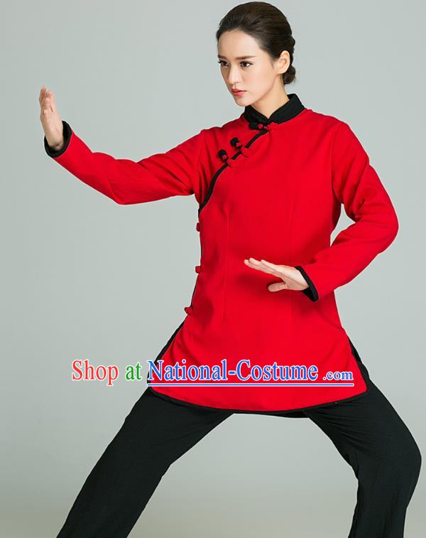 Professional Chinese Tang Suit Red Blouse and Black Pants Costumes Kung Fu Garment Tai Chi Training Outfits for Women