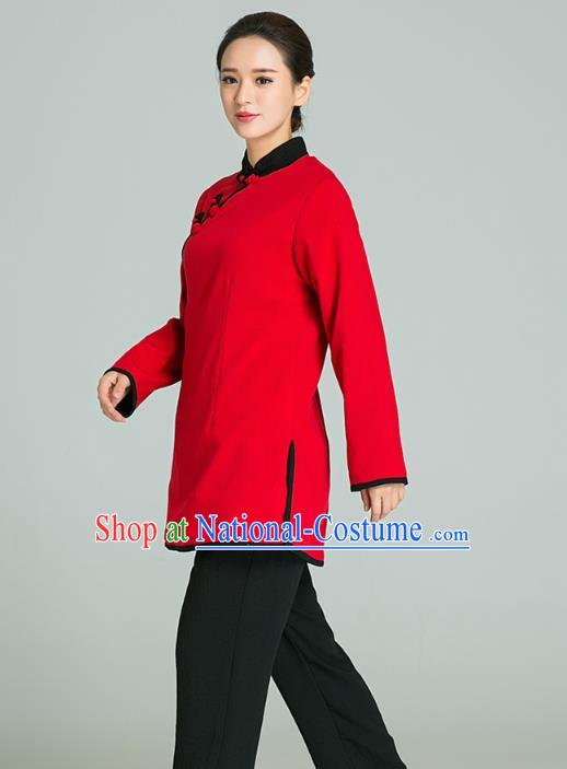 Professional Chinese Tang Suit Red Blouse and Black Pants Costumes Kung Fu Garment Tai Chi Training Outfits for Women