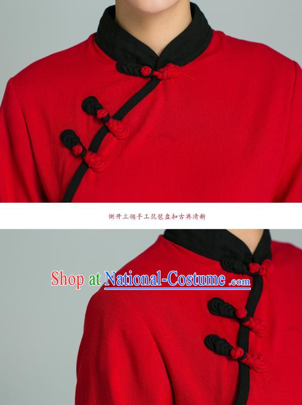 Professional Chinese Tang Suit Red Blouse and Black Pants Costumes Kung Fu Garment Tai Chi Training Outfits for Women