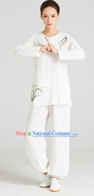 Professional Chinese Hand Painting Orchid Outfits Costumes Kung Fu Garment Traditional Wudang Tai Chi Training White Flax Blouse and Pants for Women