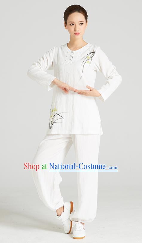 Professional Chinese Hand Painting Orchid Outfits Costumes Kung Fu Garment Traditional Wudang Tai Chi Training White Flax Blouse and Pants for Women