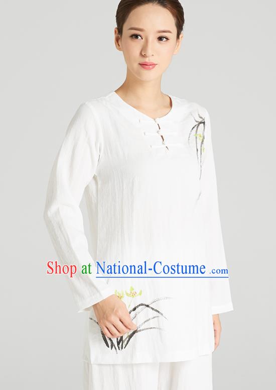 Professional Chinese Hand Painting Orchid Outfits Costumes Kung Fu Garment Traditional Wudang Tai Chi Training White Flax Blouse and Pants for Women