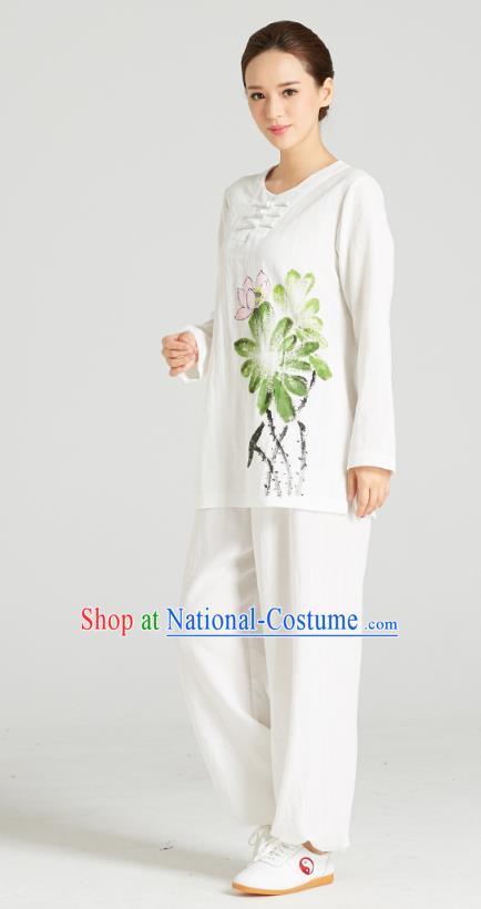 Professional Chinese Hand Painting Lotus Outfits Costumes Kung Fu Garment Traditional Wudang Tai Chi Training White Flax Blouse and Pants for Women