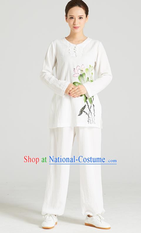 Professional Chinese Hand Painting Lotus Outfits Costumes Kung Fu Garment Traditional Wudang Tai Chi Training White Flax Blouse and Pants for Women