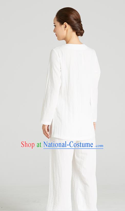 Professional Chinese Hand Painting Orchid Outfits Costumes Kung Fu Garment Traditional Wudang Tai Chi Training White Flax Blouse and Pants for Women