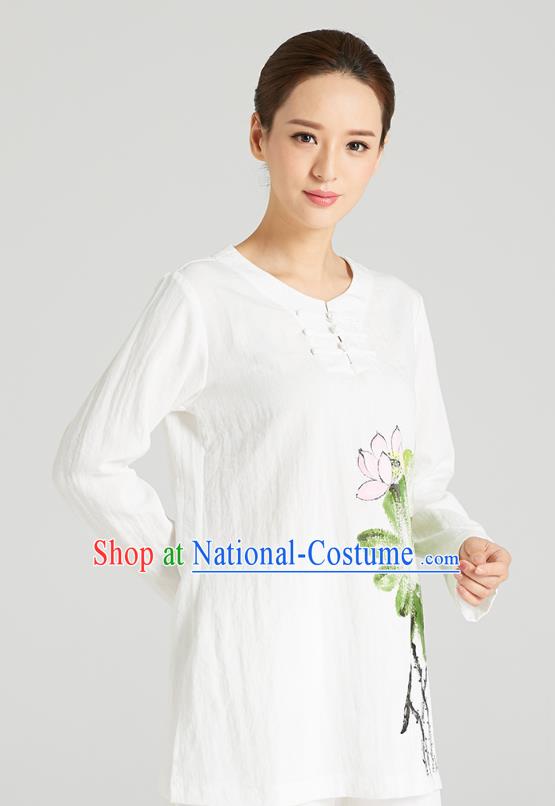 Professional Chinese Hand Painting Lotus Outfits Costumes Kung Fu Garment Traditional Wudang Tai Chi Training White Flax Blouse and Pants for Women