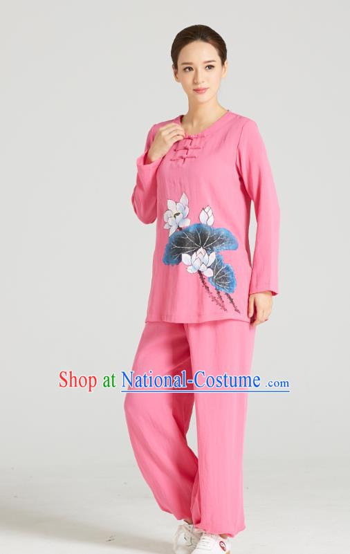 Professional Chinese Hand Painting Lotus Outfits Costumes Kung Fu Garment Traditional Wudang Tai Chi Training Pink Flax Blouse and Pants for Women