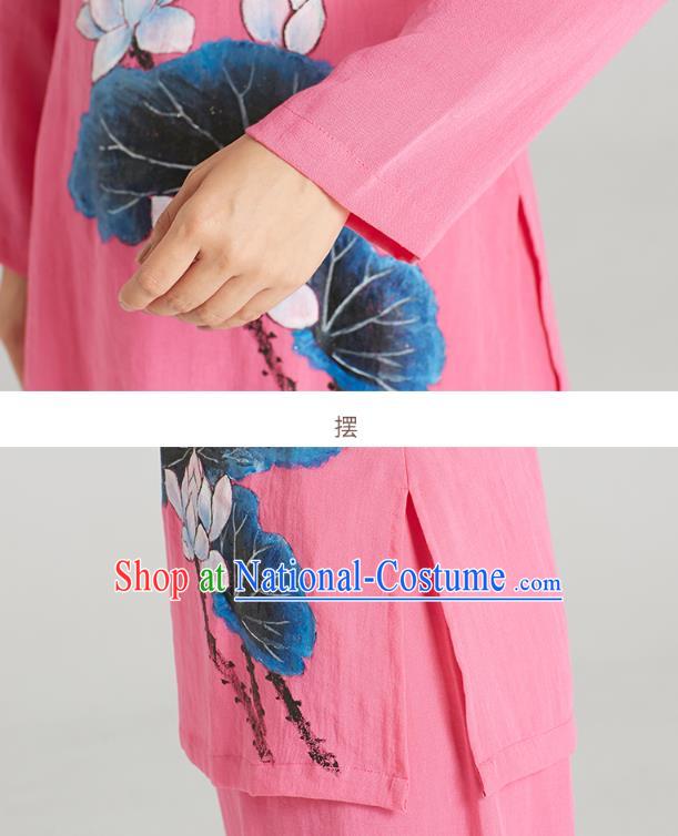 Professional Chinese Hand Painting Lotus Outfits Costumes Kung Fu Garment Traditional Wudang Tai Chi Training Pink Flax Blouse and Pants for Women