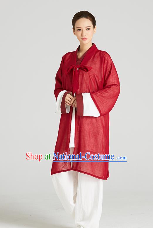 Professional Chinese Kung Fu Garment Wudang Tai Chi Training Outfits Traditional Red Flax Cloak Blouse and Pants Costumes for Women