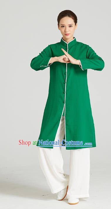 Professional Chinese Kung Fu Garment Wudang Tai Chi Training Outfits Traditional Green Linen Blouse and Pants Costumes for Women