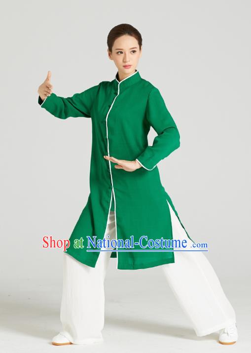 Professional Chinese Kung Fu Garment Wudang Tai Chi Training Outfits Traditional Green Linen Blouse and Pants Costumes for Women