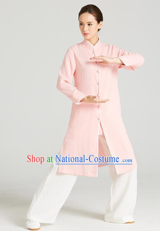 Professional Chinese Kung Fu Garment Wudang Tai Chi Training Outfits Traditional Pink Linen Blouse and Pants Costumes for Women