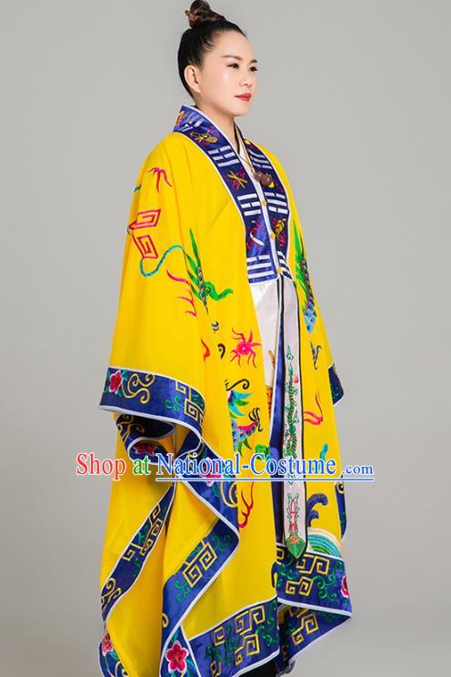 Traditional Chinese Embroidered Dragon Yellow Gown Taoist Nun Koshibo Priest Frock Martial Arts Costumes China Taoism Tai Chi Garment for Women