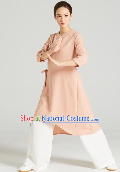 Professional Chinese Wudang Tai Chi Training Outfits Traditional Pink Flax Blouse and Pants Costumes Kung Fu Garment for Women