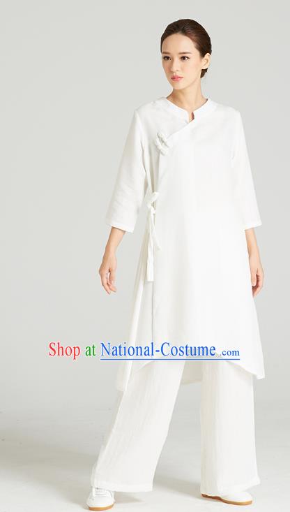 Professional Chinese Wudang Tai Chi Training Outfits Traditional White Flax Blouse and Pants Costumes Kung Fu Garment for Women