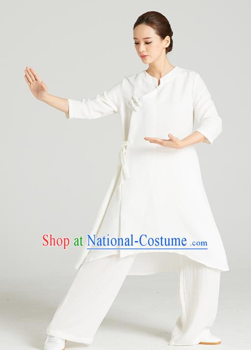 Professional Chinese Wudang Tai Chi Training Outfits Traditional White Flax Blouse and Pants Costumes Kung Fu Garment for Women