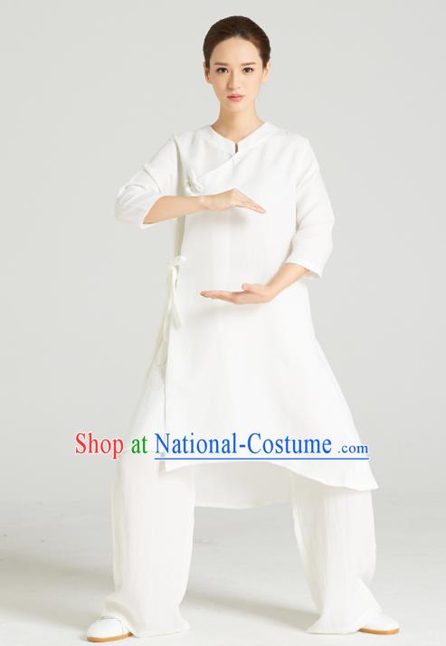 Professional Chinese Wudang Tai Chi Training Outfits Traditional White Flax Blouse and Pants Costumes Kung Fu Garment for Women