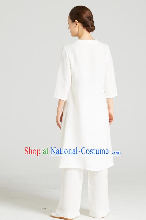 Professional Chinese Wudang Tai Chi Training Outfits Traditional White Flax Blouse and Pants Costumes Kung Fu Garment for Women