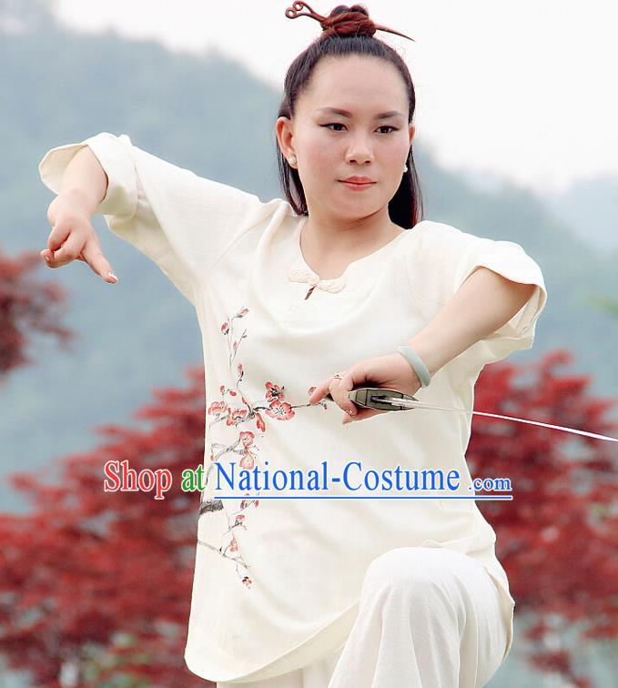 Professional Chinese Traditional Hand Painting Plum Flax Blouse and Pants Costumes Kung Fu Garment Wudang Tai Chi Training Outfits for Women