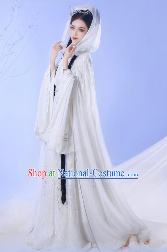 Chinese Ancient Hanfu Garment Jin Dynasty Royal Princess Embroidered White Cape Blouse and Skirt Costumes Full Set