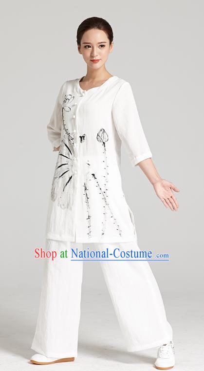 Professional Chinese Traditional Hand Painting Lotus Flax Blouse and Pants Costumes Kung Fu Garment Wudang Tai Chi Training Outfits for Women