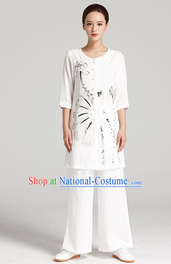 Professional Chinese Traditional Hand Painting Lotus Flax Blouse and Pants Costumes Kung Fu Garment Wudang Tai Chi Training Outfits for Women