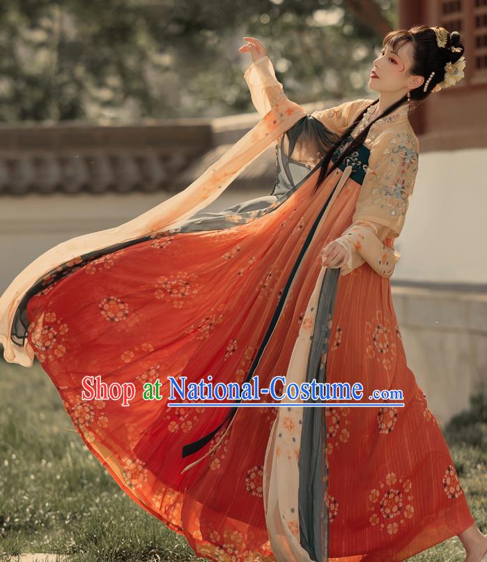 Chinese Ancient Tang Dynasty Hanfu Garment Royal Princess Embroidered Blouse and Skirt Costumes for Women