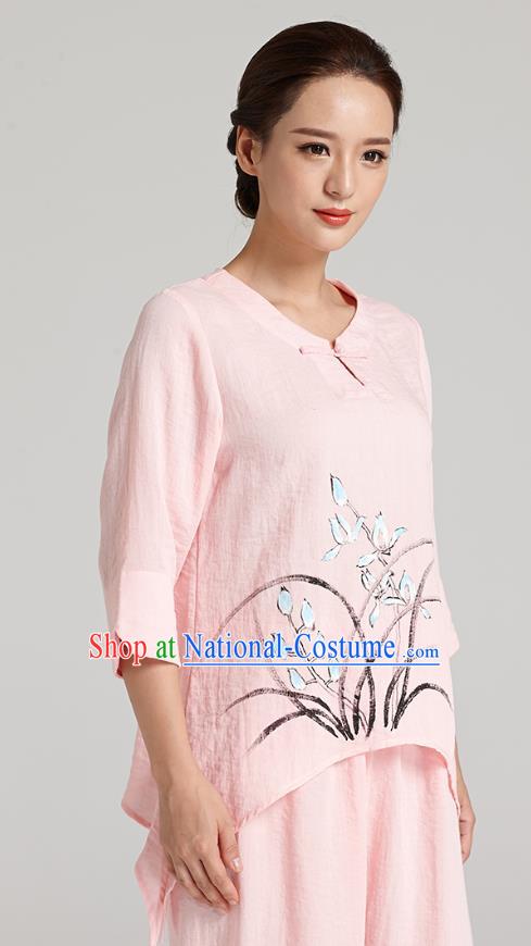 Professional Chinese Traditional Hand Painting Orchid Pink Flax Blouse and Pants Costumes Kung Fu Garment Wudang Tai Chi Training Outfits for Women