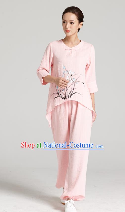 Professional Chinese Traditional Hand Painting Orchid Pink Flax Blouse and Pants Costumes Kung Fu Garment Wudang Tai Chi Training Outfits for Women