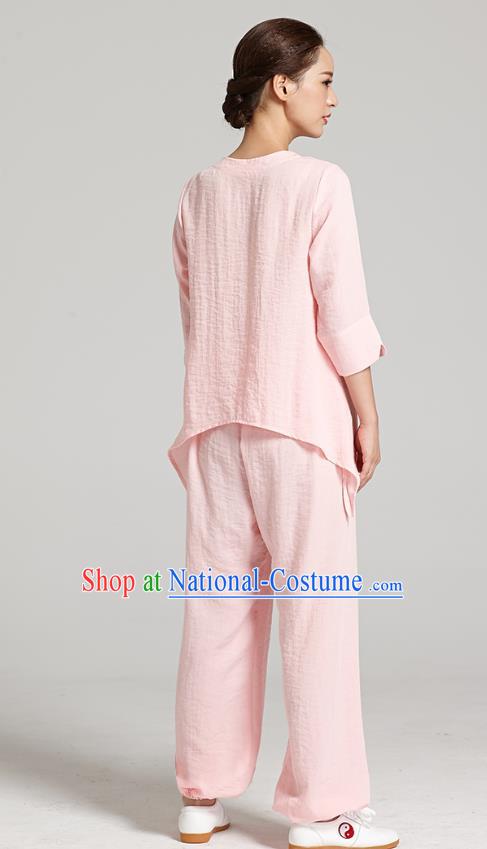 Professional Chinese Traditional Hand Painting Orchid Pink Flax Blouse and Pants Costumes Kung Fu Garment Wudang Tai Chi Training Outfits for Women