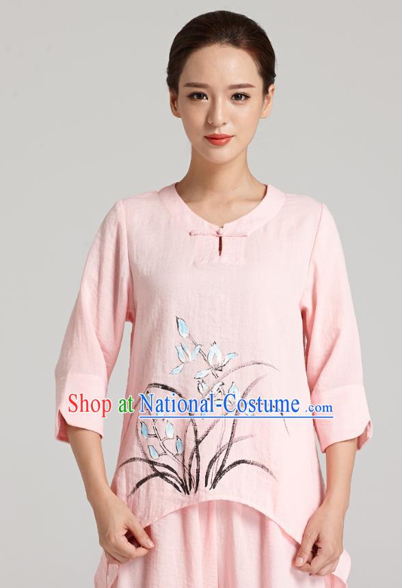 Professional Chinese Traditional Hand Painting Orchid Pink Flax Blouse and Pants Costumes Kung Fu Garment Wudang Tai Chi Training Outfits for Women