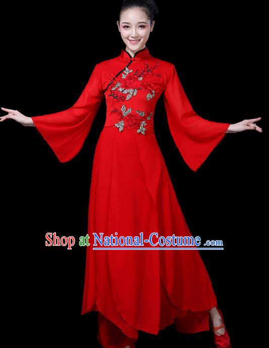 Traditional Chinese Fan Dance Costumes Stage Show Folk Dance Garment Classical Dance Red Dress and Pants for Women