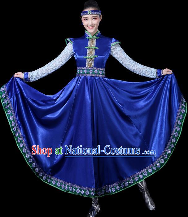 Chinese Traditional Mongolian Ethnic Dance Costumes Folk Dance Apparels Mongol Minority Dance Blue Dress for Women