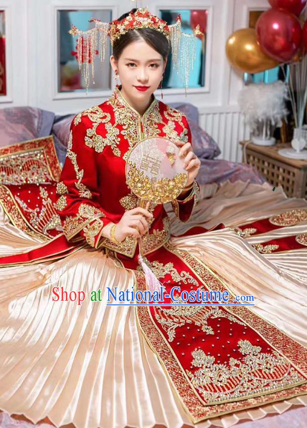 Chinese Traditional Wedding Drilling Costumes Bride Apparels Embroidered Red Blouse and Golden Dress Xiuhe Suits for Women