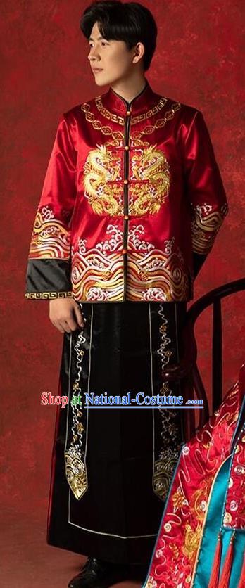 Top Chinese Traditional Bridegroom Wedding Costume Ancient Embroidered Clothing Tang Suit Red Mandarin Jacket and Black Gown for Men