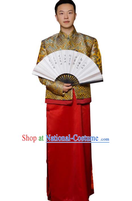 Top Chinese Traditional Wedding Costume Ancient Bridegroom Clothing Tang Suit Golden Mandarin Jacket and Red Gown for Men