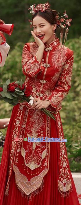 Chinese Traditional Wedding Drilling Phoenix Costumes Bride Apparels Xiuhe Suits Embroidered Red Blouse and Dress for Women