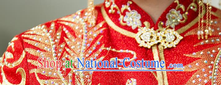 Chinese Traditional Wedding Drilling Phoenix Costumes Bride Apparels Xiuhe Suits Embroidered Red Blouse and Dress for Women