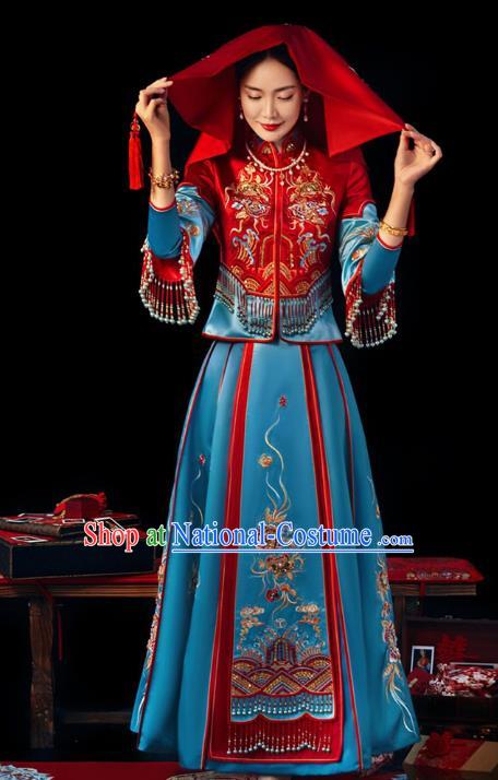 Chinese Traditional Wedding Bride Xiuhe Suits Apparels Embroidered Red Blouse and Blue Dress Costumes for Women