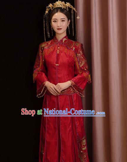 Chinese Traditional Wedding Apparels Embroidered Red Tassel Blouse and Dress Costumes Bride Slim Xiuhe Suits for Women