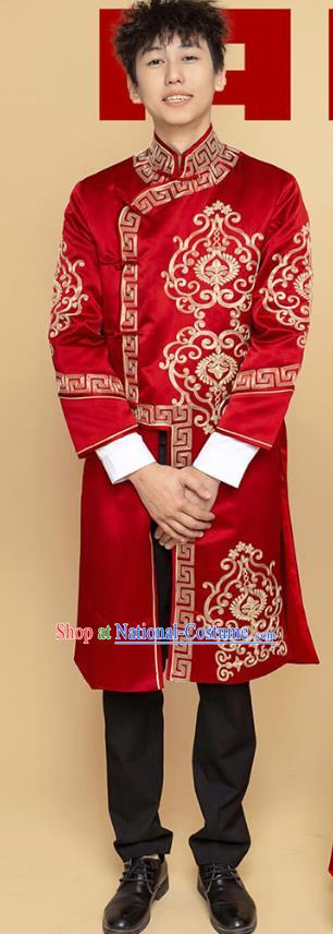 Top Chinese Traditional Wedding Costume Ancient Bridegroom Clothing Tang Suit Wine Red Long Mandarin Jacket for Men