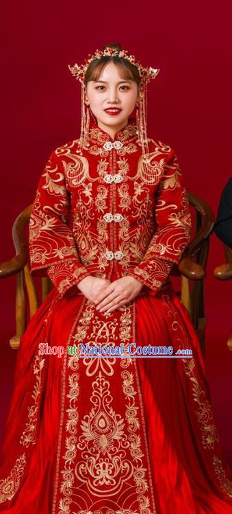 Chinese Traditional Bride Slim Apparels Embroidered Red Drilling Blouse and Dress Costumes Wedding Xiuhe Suits for Women