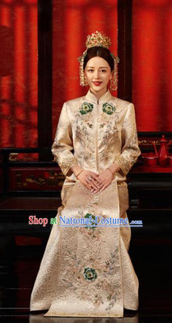 Chinese Traditional Bride Light Golden Apparels Embroidered Blouse and Dress Costumes Wedding Xiuhe Suits for Women