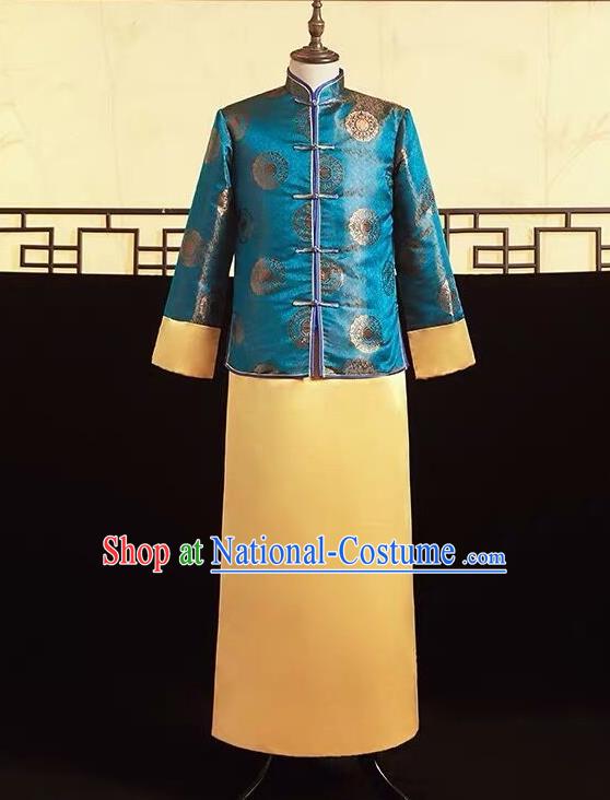 Top Chinese Traditional Wedding Costume Ancient Bridegroom Clothing Tang Suit Blue Mandarin Jacket and Golden Gown for Men